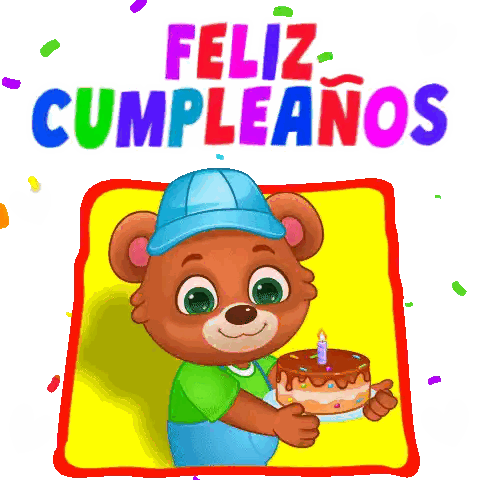 a teddy bear is holding a cake with a candle on it and the words feliz cumpleanos behind him