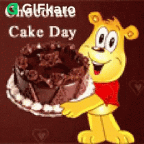 A Teddy Bear Is Holding A Chocolate Cake In His Hands . GIF