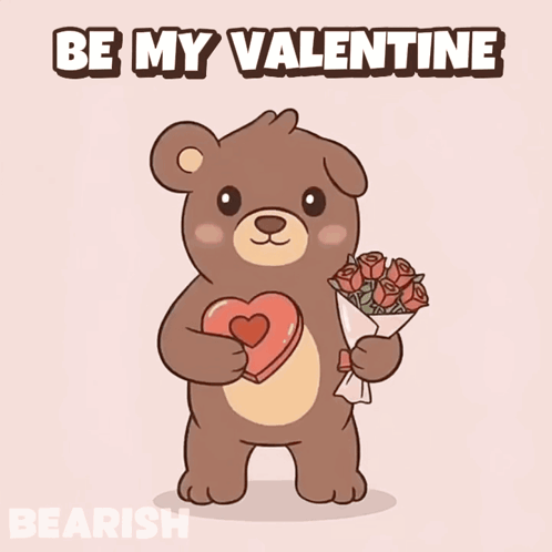 a teddy bear is holding a heart and a bouquet of roses