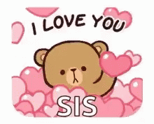A Teddy Bear Is Holding A Heart In A Pile Of Pink Hearts . GIF