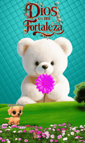 A Teddy Bear Is Holding A Purple Flower With The Words Dios Es Mi Fortaleza Written Above It GIF