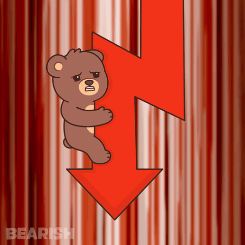 A Teddy Bear Is Holding A Red Arrow Pointing Down With The Word Bearish Below It GIF