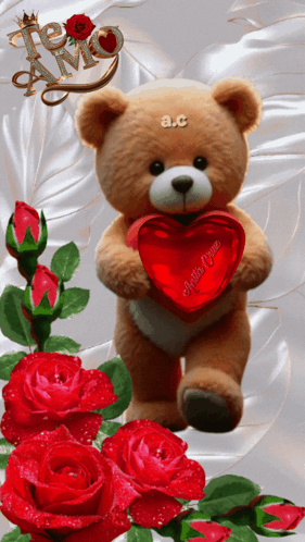 A Teddy Bear Is Holding A Red Heart With The Name A.c. On It GIF