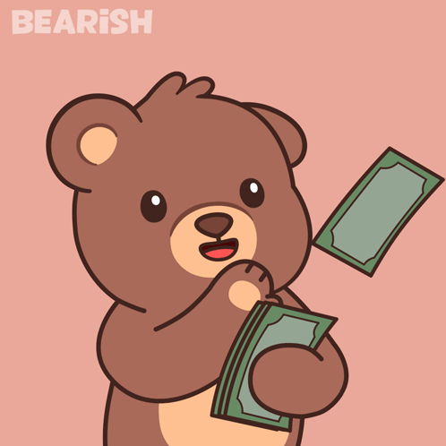 A Teddy Bear Is Holding A Stack Of Money And The Word Bearish Is On The Bottom Right GIF