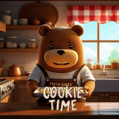 A Teddy Bear Is Holding A Tray Of Cookies With The Words Cookie Time Written On It GIF