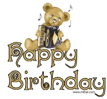 a teddy bear is holding an accordion with the words happy birthday written below it