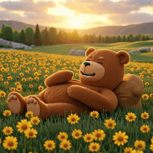 A Teddy Bear Is Laying Down In A Field Of Yellow Flowers GIF