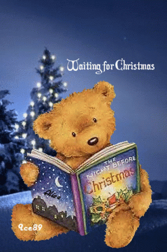 A Teddy Bear Is Reading A Book Called The Night Before Christmas GIF