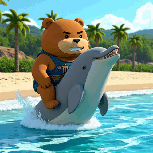 A Teddy Bear Is Riding On The Back Of A Dolphin In The Water GIF