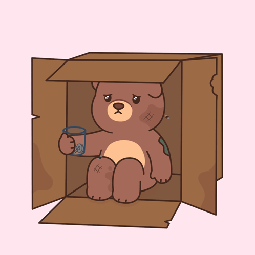 A Teddy Bear Is Sitting In A Cardboard Box Holding A Glass Of Water GIF