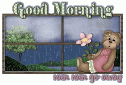 A Teddy Bear Is Sitting In Front Of A Window With A Flower And The Words Good Morning Rain Rain Go Away GIF