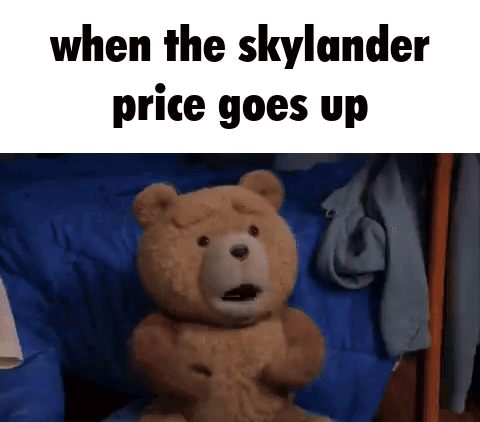 a teddy bear is sitting on a bed with the words " when the skylander price goes up "
