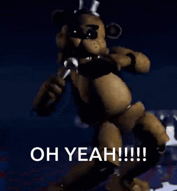 A Teddy Bear Is Standing In A Dark Room With The Words Oh Yeah !!! Below It GIF