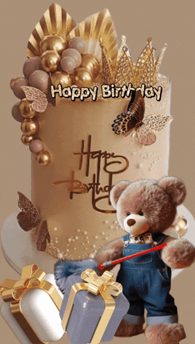 A Teddy Bear Is Standing In Front Of A Cake That Says Happy Birthday On It GIF