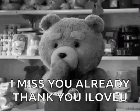 A Teddy Bear Is Standing In Front Of A Shelf And Saying `` I Miss You Already Thank You Iloveu '' . GIF