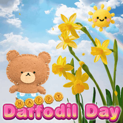 A Teddy Bear Is Standing Next To A Bunch Of Yellow Flowers With The Words Happy Daffodil Day GIF