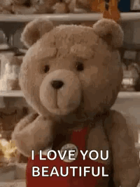 A Teddy Bear Is Standing Next To A Shelf And Says `` I Love You Beautiful '' . GIF