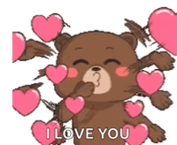 Kissing Teddy Bear Surrounded By Pink Hearts GIF