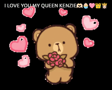 A Teddy Bear Is Surrounded By Pink Hearts And Says " I Love You My Queen Kenzie " On The Bottom GIF