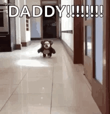 A Teddy Bear Is Walking Down A Hallway And Says `` Daddy '' . GIF