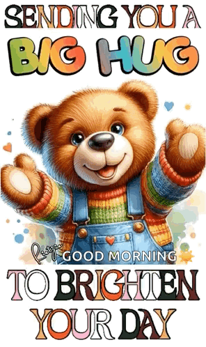 A Teddy Bear Is Wearing A Colorful Sweater And Overalls . GIF