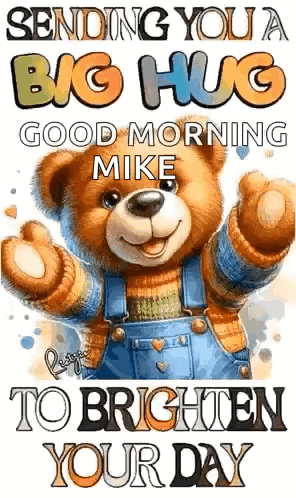 A Teddy Bear Is Wearing Overalls And A Sweater And Giving A Big Hug . GIF