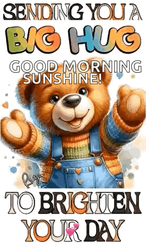 A Teddy Bear Is Wearing Overalls And A Sweater And Is Sending You A Big Hug . GIF