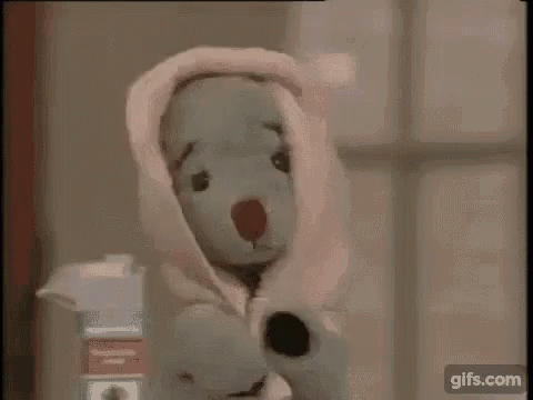 A Teddy Bear Is Wrapped In A Pink Blanket And Standing Next To A Window . GIF