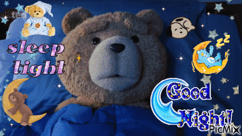 A Teddy Bear Laying In A Bed With The Words Sleep Tight And Good Night Written On It GIF