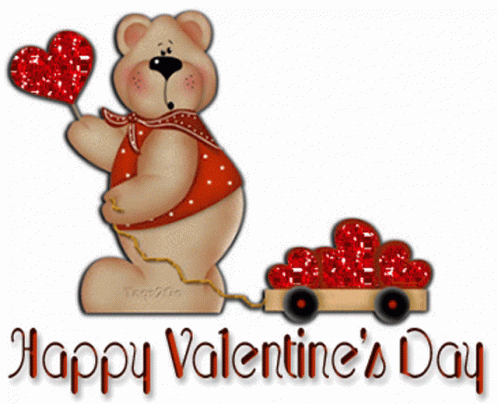 A Teddy Bear Pulling A Wagon Full Of Hearts With The Words Happy Valentine 'S Day GIF