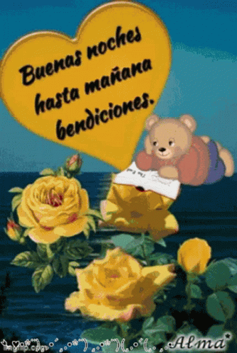 A Teddy Bear Reading A Book In Front Of A Yellow Heart That Says Buenas Noches Hasta Manana Bendiciones GIF