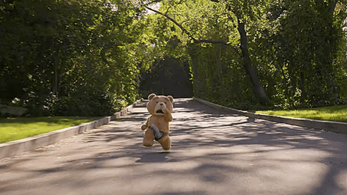 a teddy bear running down a road with a gun