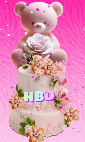 A Teddy Bear Sits On Top Of A Birthday Cake GIF