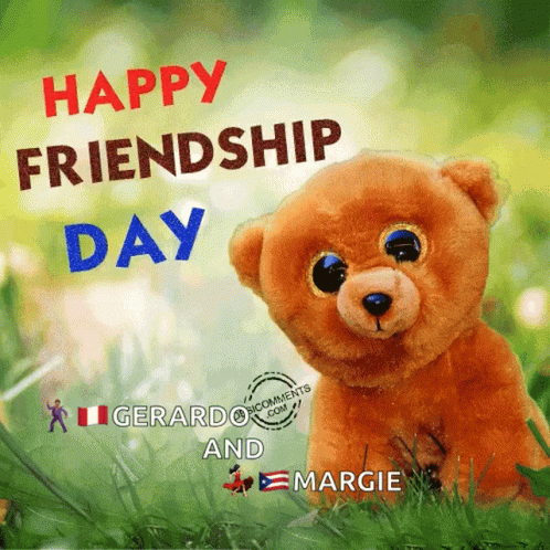 A Teddy Bear Sitting In The Grass With The Words Happy Friendship Day On It GIF