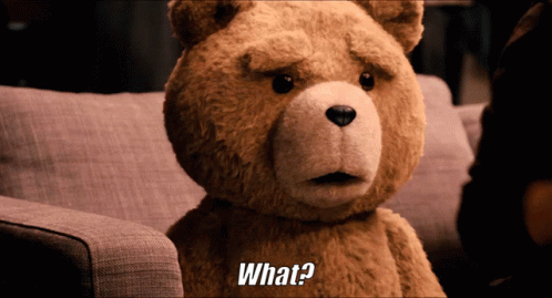 A Teddy Bear Sitting On A Couch With The Words What Written Below It GIF