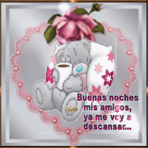 A Teddy Bear Sitting On A Pillow Holding A Cup Of Coffee With The Words Buenas Noches Mis Amigos GIF