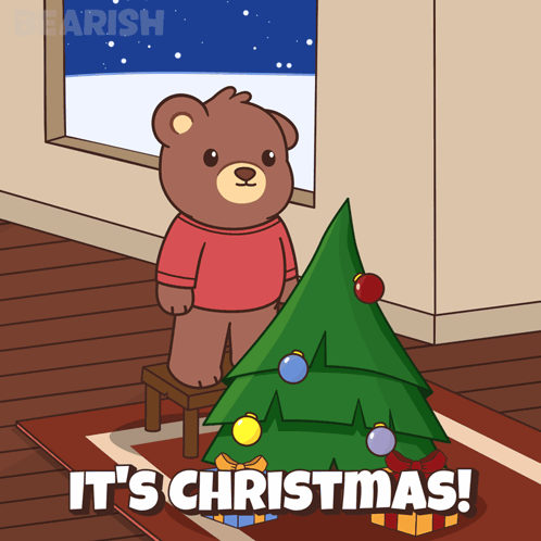 A Teddy Bear Standing Next To A Christmas Tree With The Words It 'S Christmas GIF