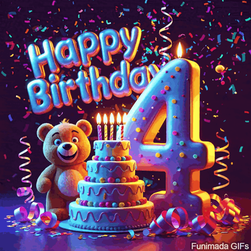 A Teddy Bear Stands Next To A Birthday Cake With Candles And The Number 4 GIF