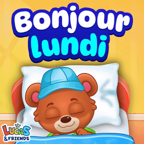 A Teddy Bear Wearing A Blue Hat Is Laying In Bed With The Words Bonjour Lundi Above Him GIF