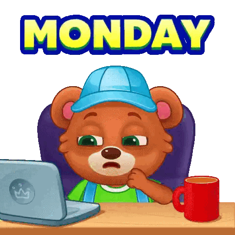 a teddy bear wearing a blue hat is sitting at a desk with a laptop and a cup of coffee ..