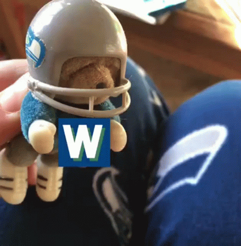 A Teddy Bear Wearing A Football Helmet And Holding A Sign With The Letter W On It GIF
