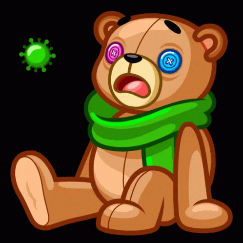 A Teddy Bear Wearing A Green Scarf And Buttons In Its Eyes GIF
