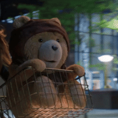 A Teddy Bear Wearing A Helmet Is Sitting In A Wire Basket GIF