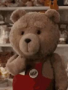 A Teddy Bear Wearing A Red Apron Is Standing In Front Of A Fridge . GIF