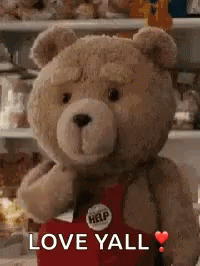 A Teddy Bear Wearing A Red Apron Is Standing In Front Of A Shelf And Says `` Love Yall '' . GIF