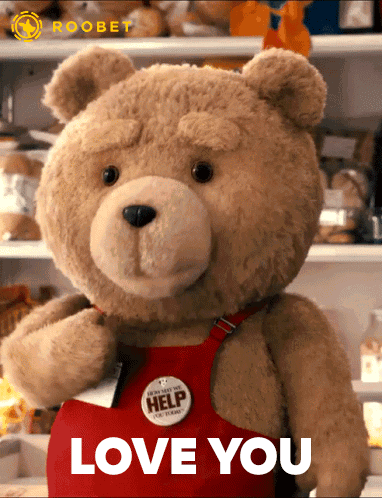 Teddy Bear Wearing Red Apron With Help Button GIF