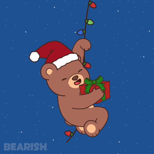 A Teddy Bear Wearing A Santa Hat Is Hanging From A String Of Christmas Lights GIF