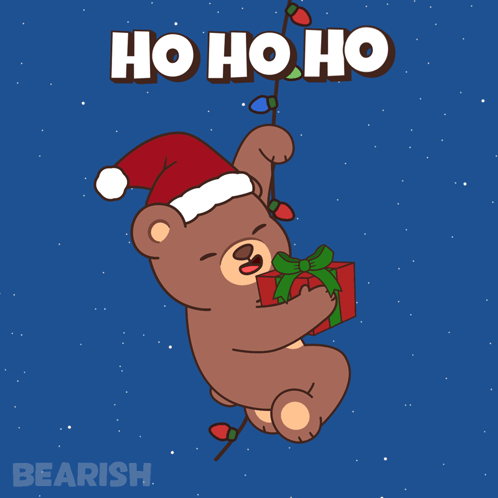 A Teddy Bear Wearing A Santa Hat Is Holding A Gift And A String Of Lights GIF
