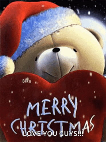 A Teddy Bear Wearing A Santa Hat Is Holding A Heart And Wishing Merry Christmas GIF