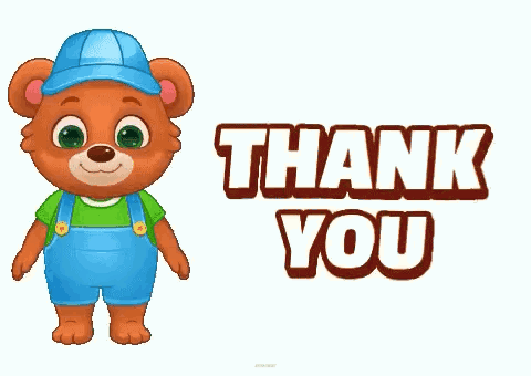 A Teddy Bear Wearing Overalls And A Blue Hat Says Thank You GIF
